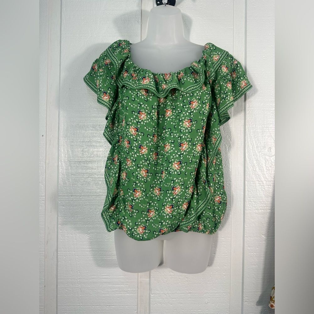 Max Studio Top Green Floral Women's Elastic Shoulder Top Size Large EUC